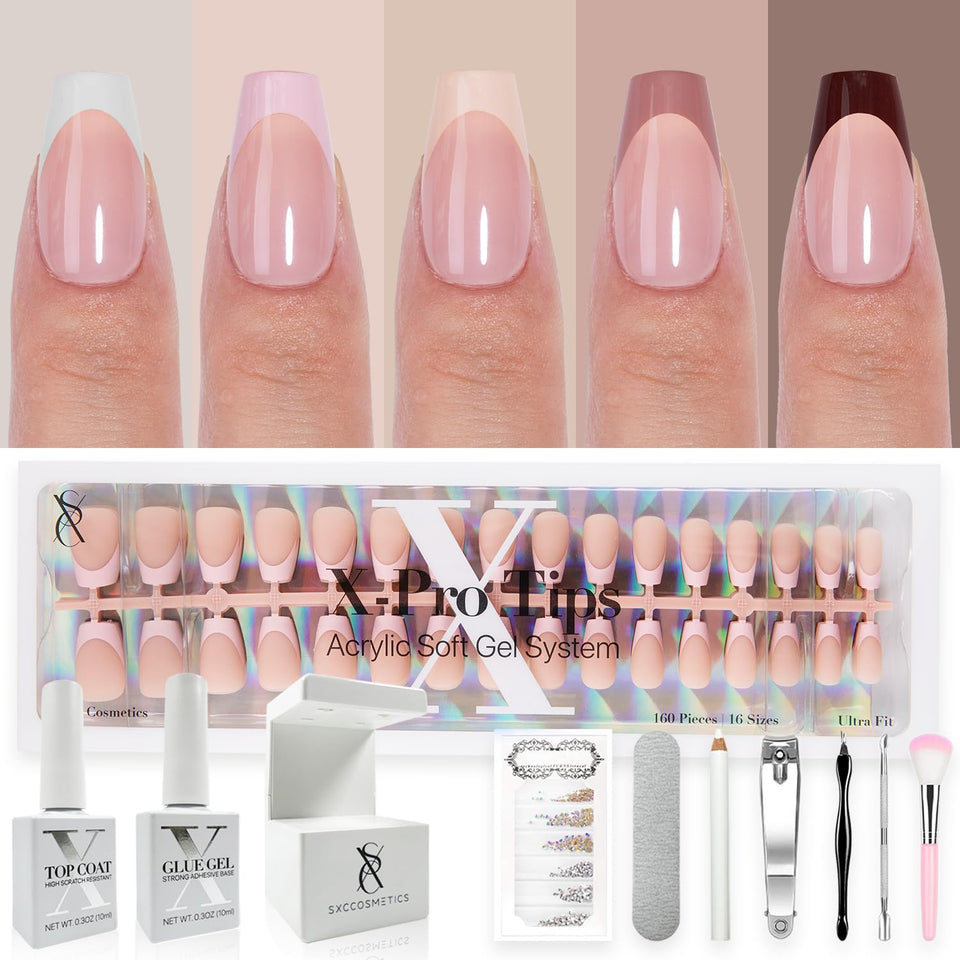 SXC French Tip Nails in short coffin X-Pro shape offer a durable, salon-grade wear.