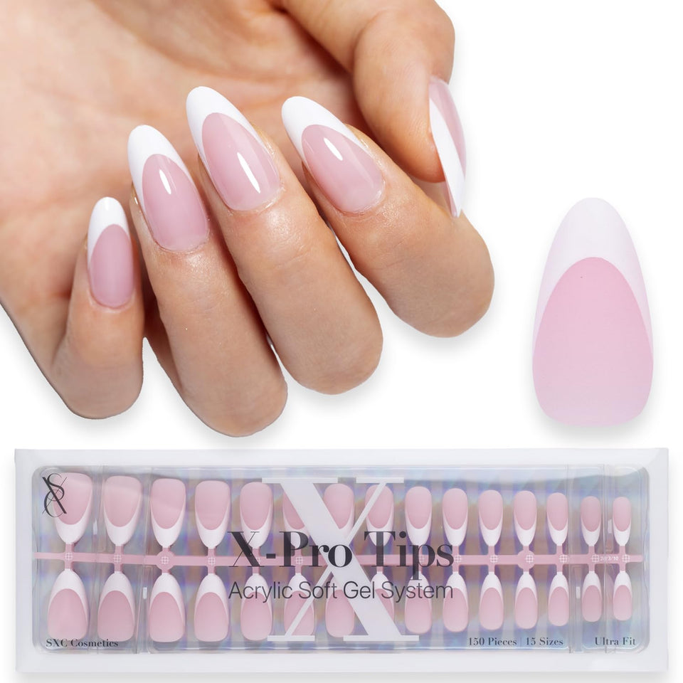 SXC French Tip press-on nails pink medium almond kit for at-home manicures.