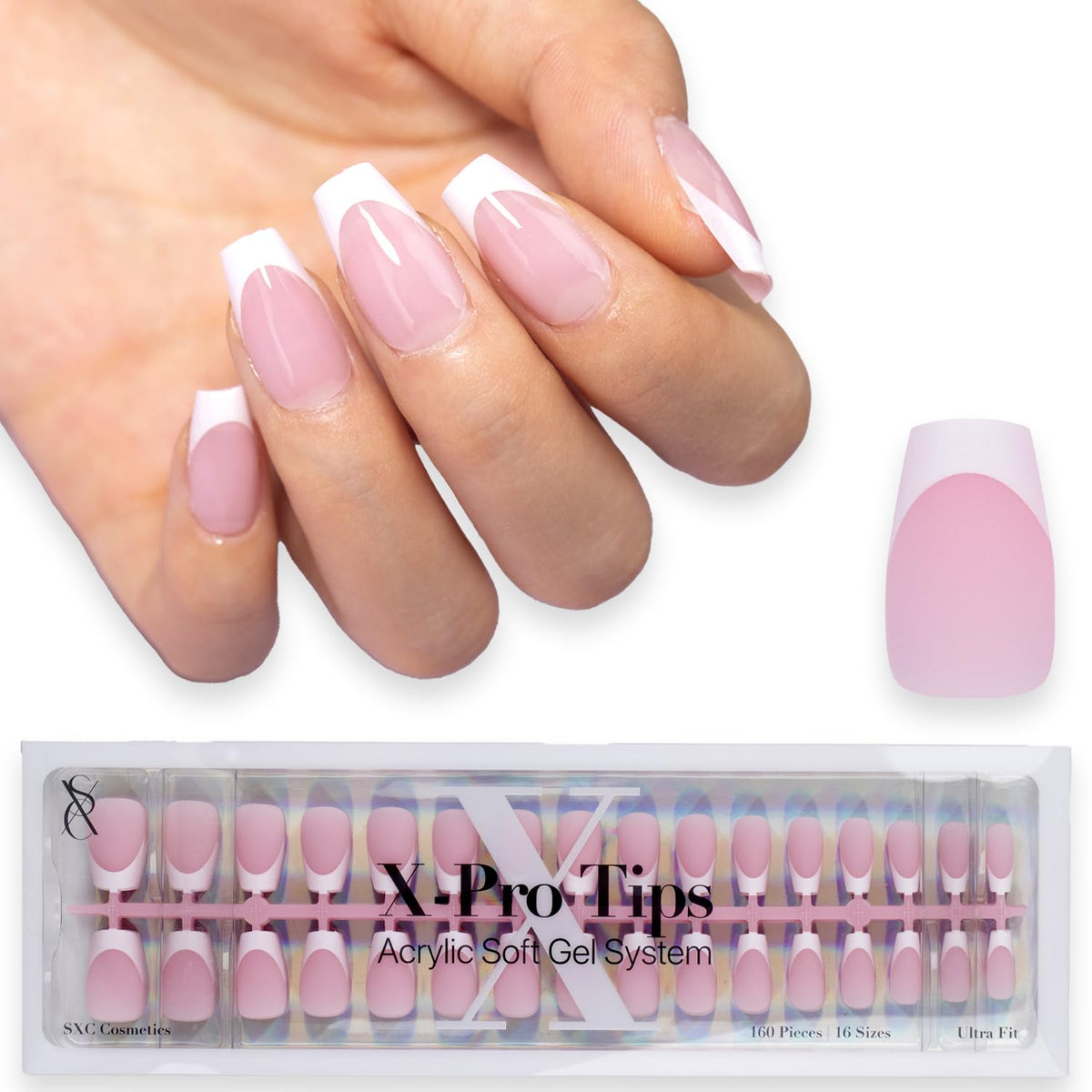 SXC French tip nails in pink short coffin for at-home salon-quality manicures.