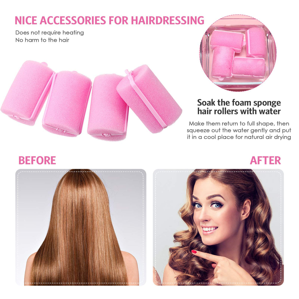 Syhood soft, flexible foam rollers gliding through hair for gentle styling.