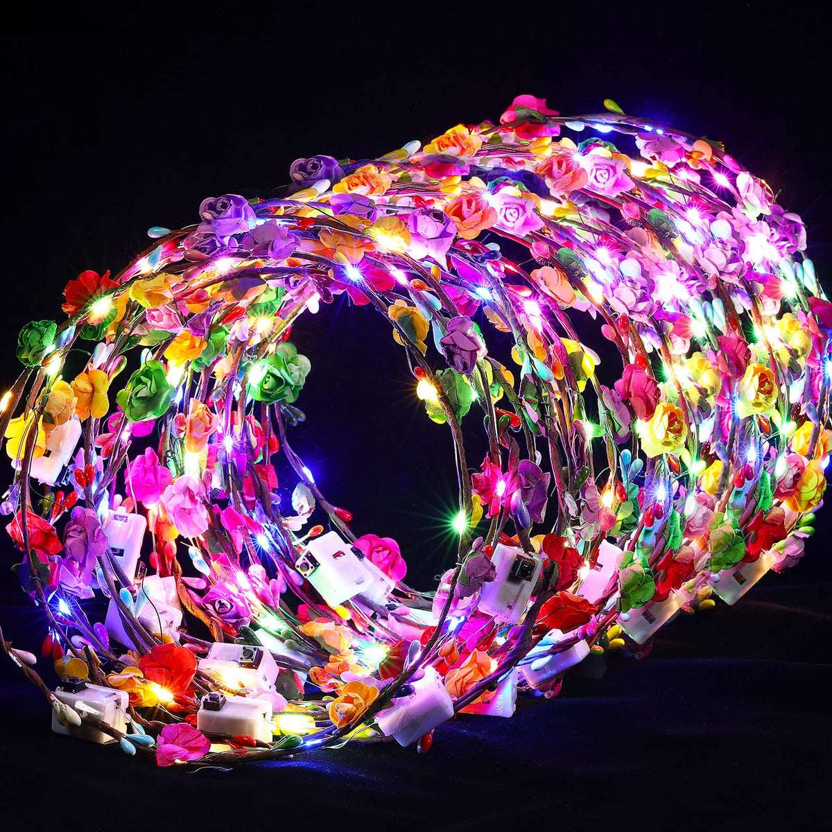 Syhood rose LED flower crown close-up with colorful petals and glow for parties