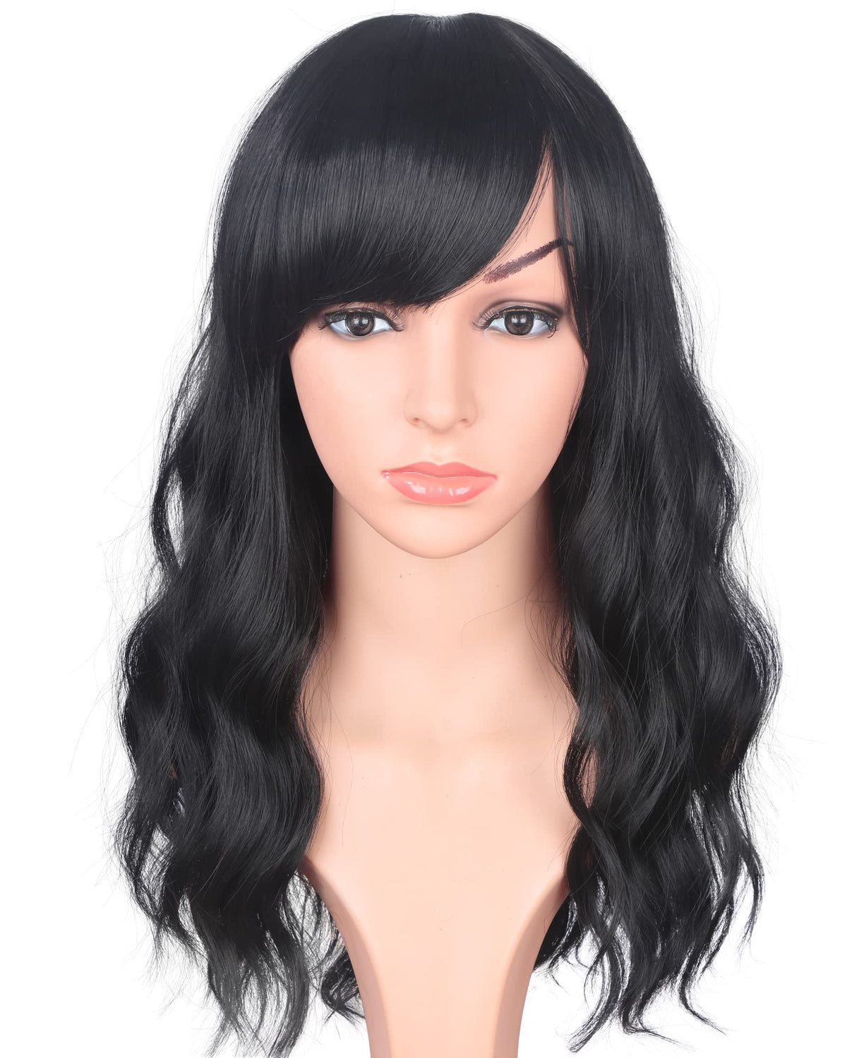 SYMEIW medium long black wavy wig 16in with natural movement for daily wear