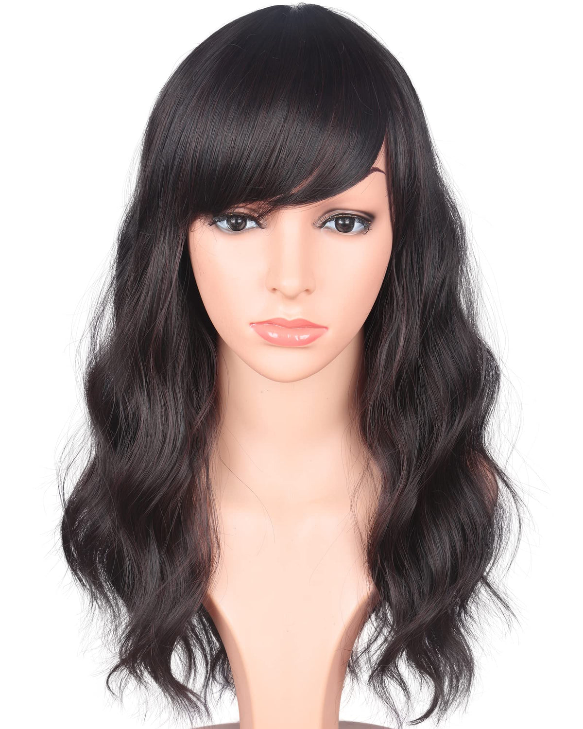 SYMEIW 16-inch black mix brown wavy wig with side bangs for versatile styling
