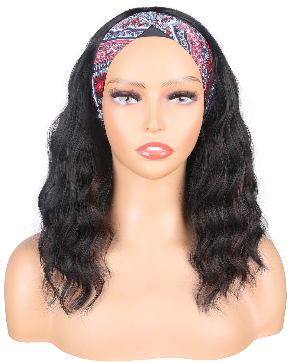 SYMEIW black brown wavy headband wig, 14 inch, for quick daily style