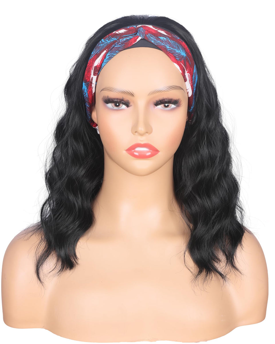 SYMEIW black wavy headband wig front view with natural hairline and easy wear