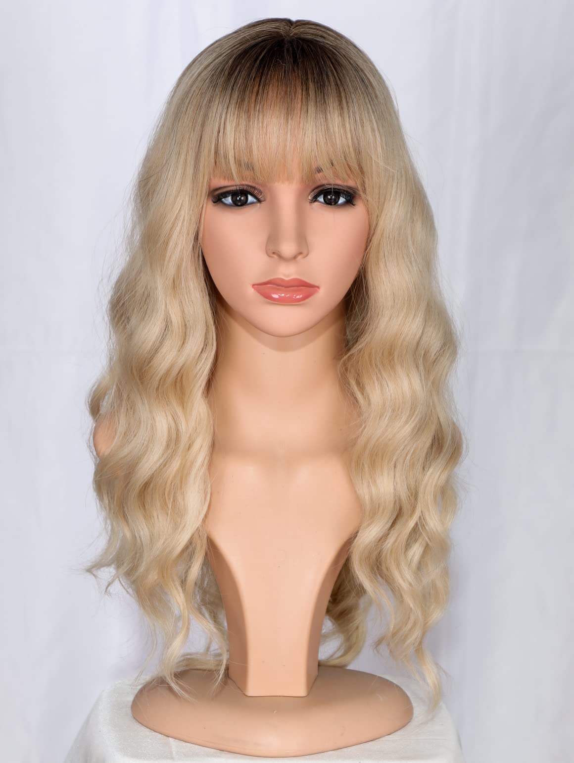 SYMEIW medium long blonde wavy wig front view highlights natural movement for daily wear.