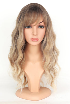 SYMEIW ombre dirty blonde wavy wig with bangs for everyday styling.