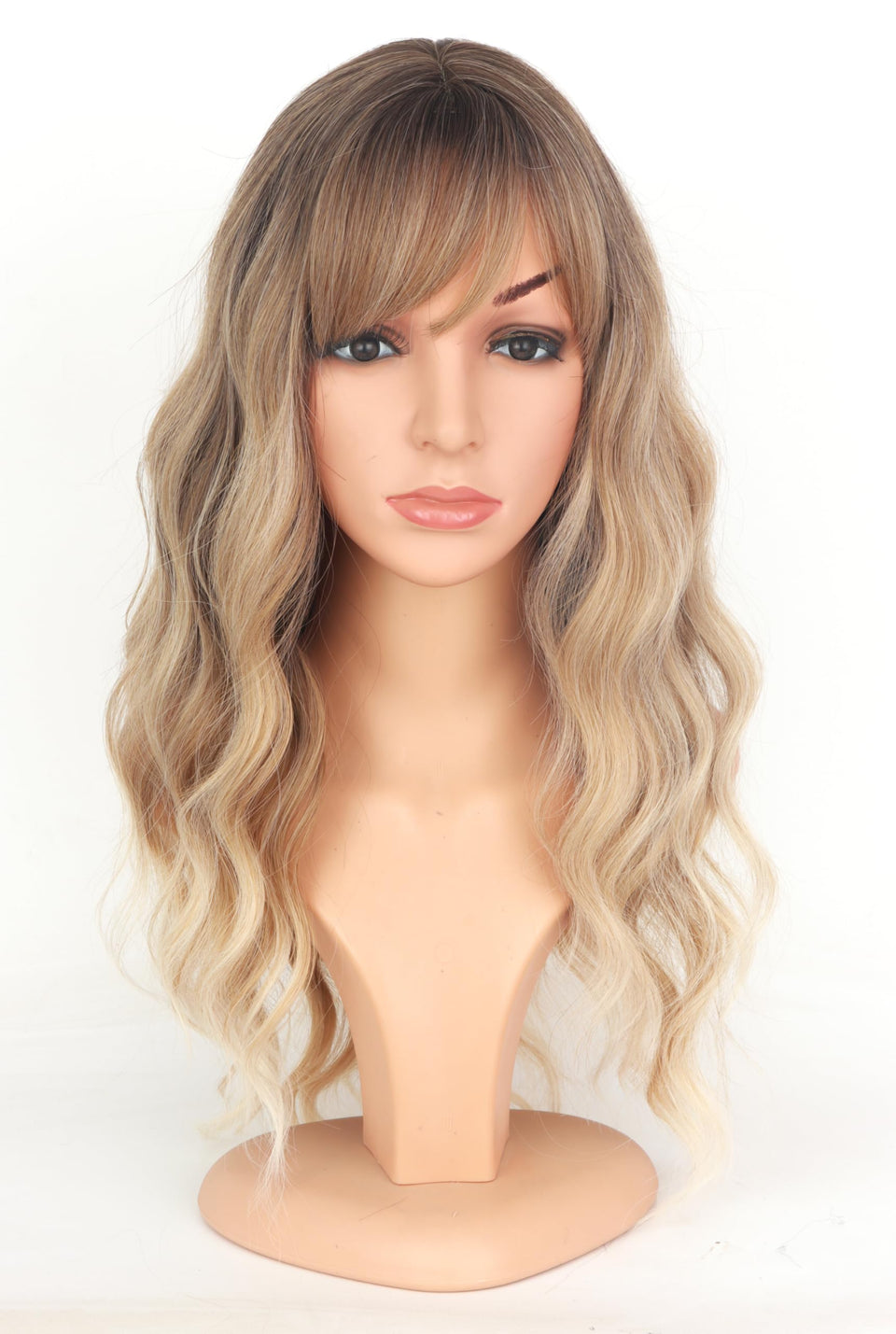 SYMEIW ombre dirty blonde wavy wig with bangs for everyday styling.