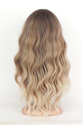 SYMEIW adjustable breathable cap detail on ombre dirty blonde wig with bangs.