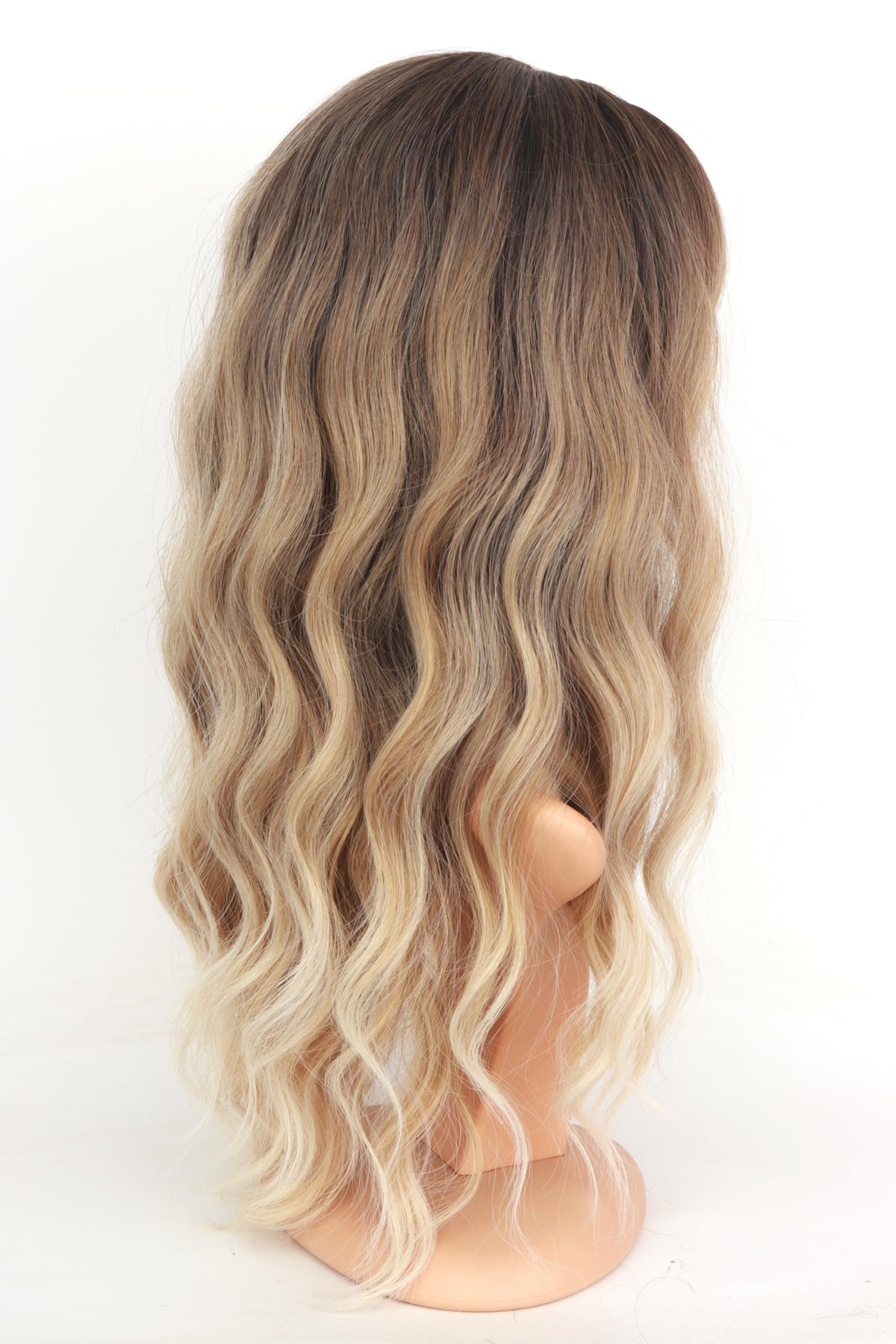 SYMEIW natural hairline on ombre dirty blonde wavy wig with bangs.