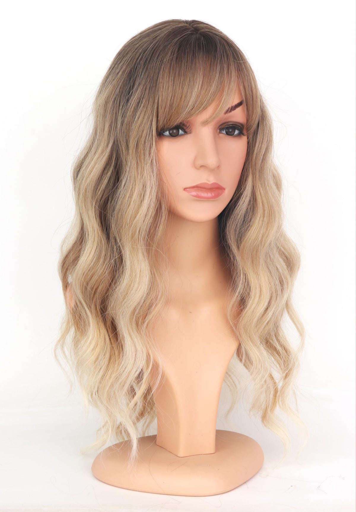 SYMEIW ombre dirty blonde wavy wig with bangs, 18-inch length, side profile view.