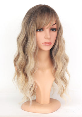 SYMEIW ombre dirty blonde wavy wig with bangs, 18-inch length, side profile view.