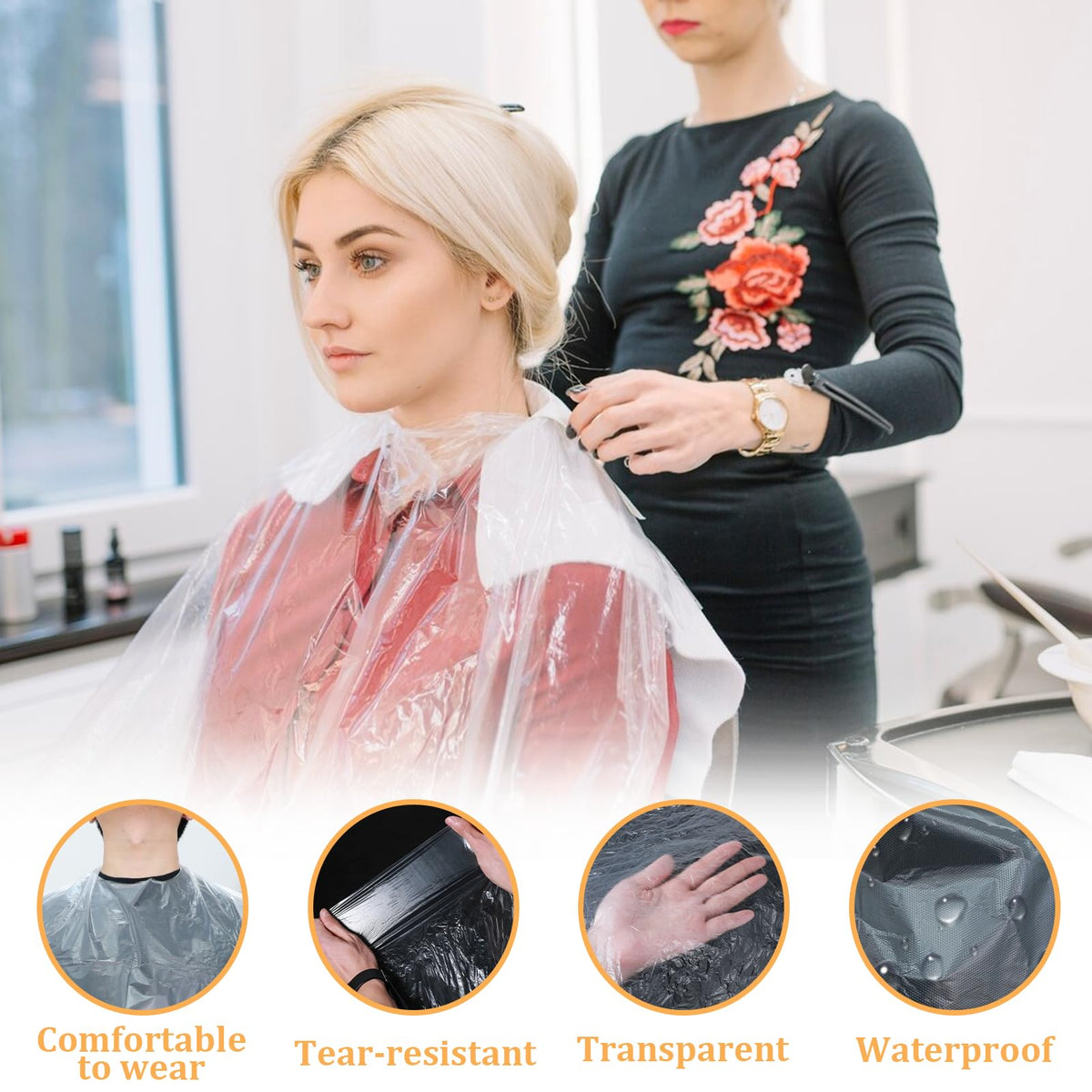 SynHHnergyx waterproof lightweight cape worn during at-home color application.