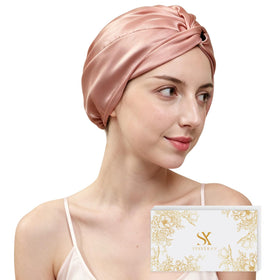 SYSYERAN silk bonnet close-up showing rose-gold detail and silky texture for delicate hair care.