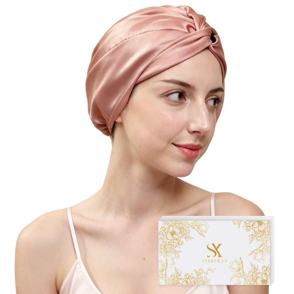SYSYERAN silk bonnet close-up showing rose-gold detail and silky texture for delicate hair care.