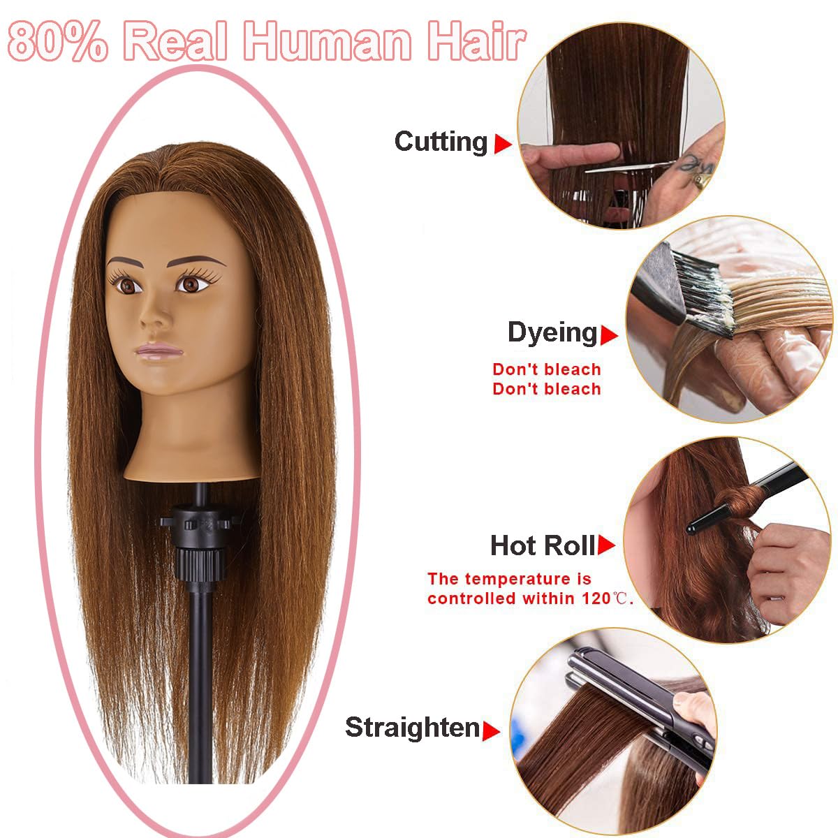 SZCY LLC 180-density hair ensures a full, lifelike styling surface.