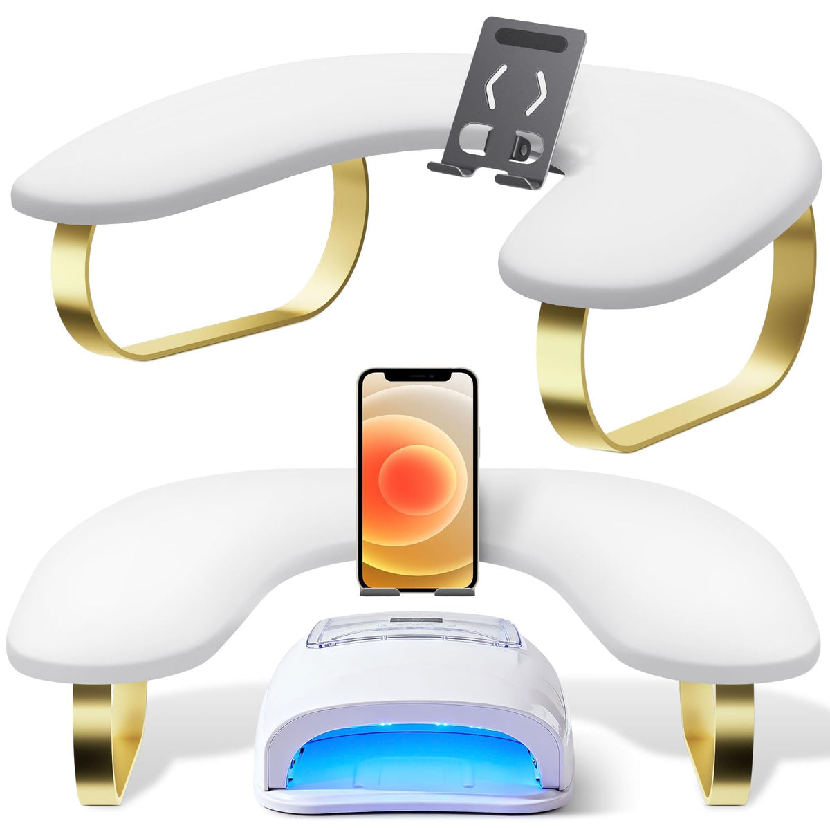 SZSJA nail arm rest with rotating phone holder for hands-free reference during sessions.