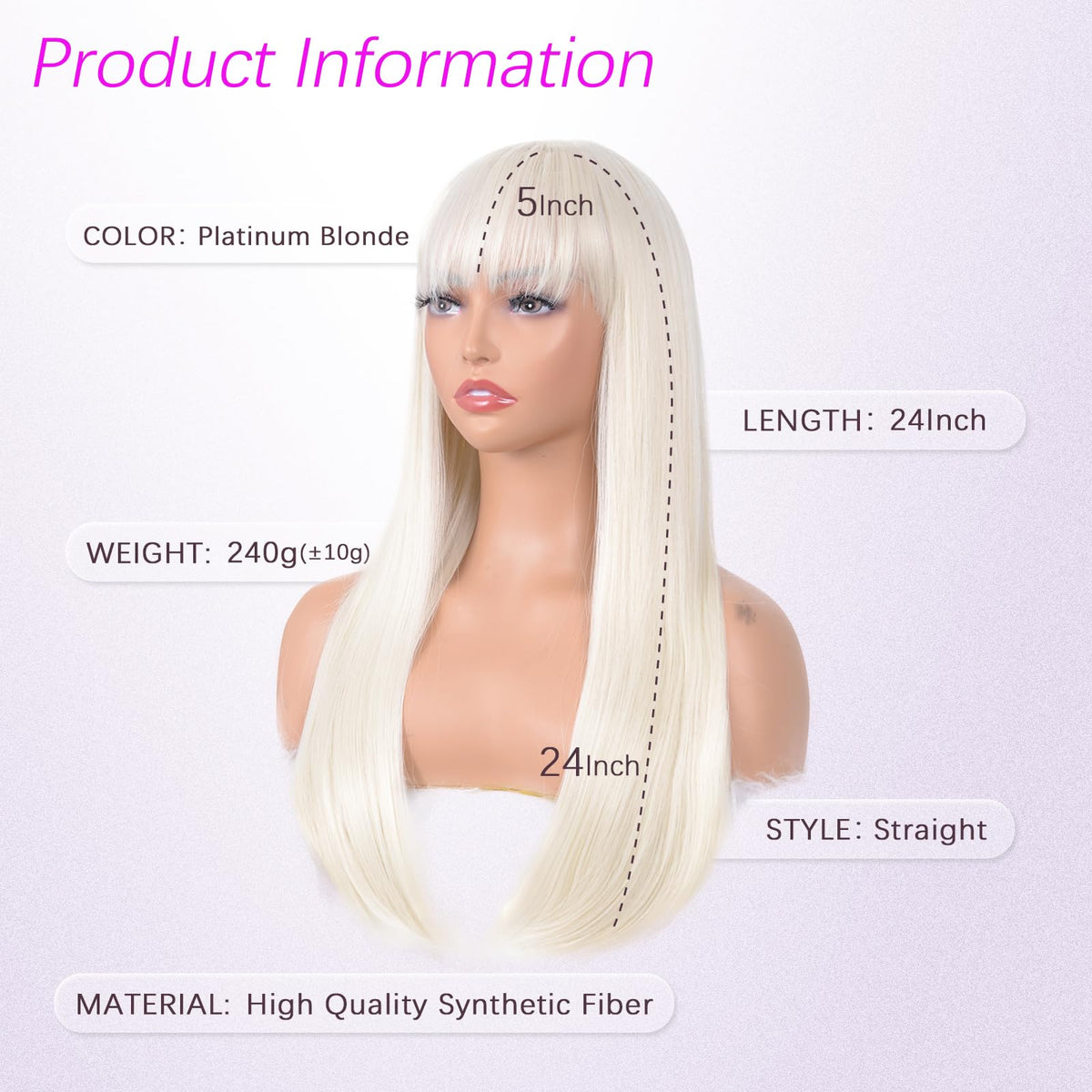 T-color platinum blonde wig bangs closeup shows soft fibers and seamless look.
