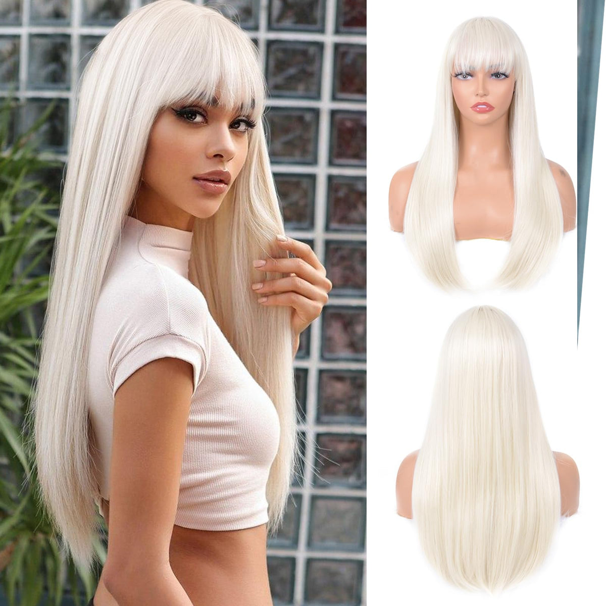 T-color platinum blonde wig with bangs long straight 24in for daily wear and easy styling.