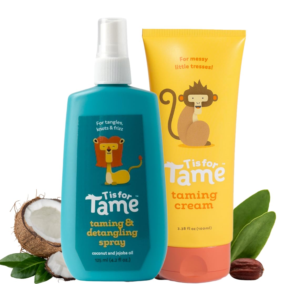 T is for Tame natural conditioner spray bottle showing frizz control