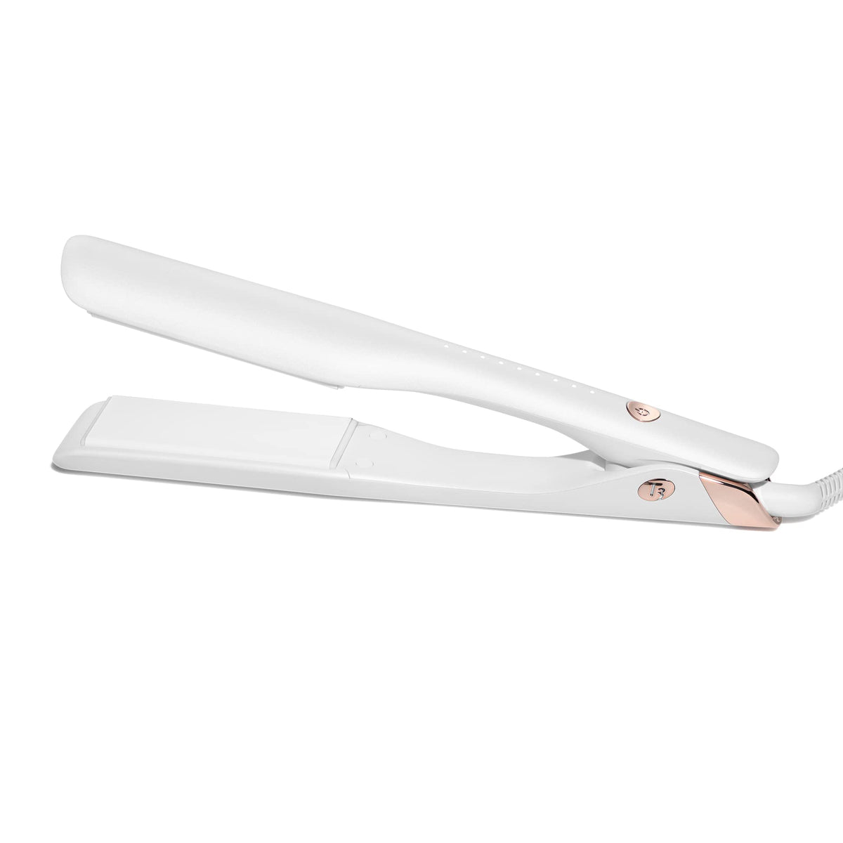 T3 Lucea 1.5 inch iron in white and rose gold for smooth one pass straightening.