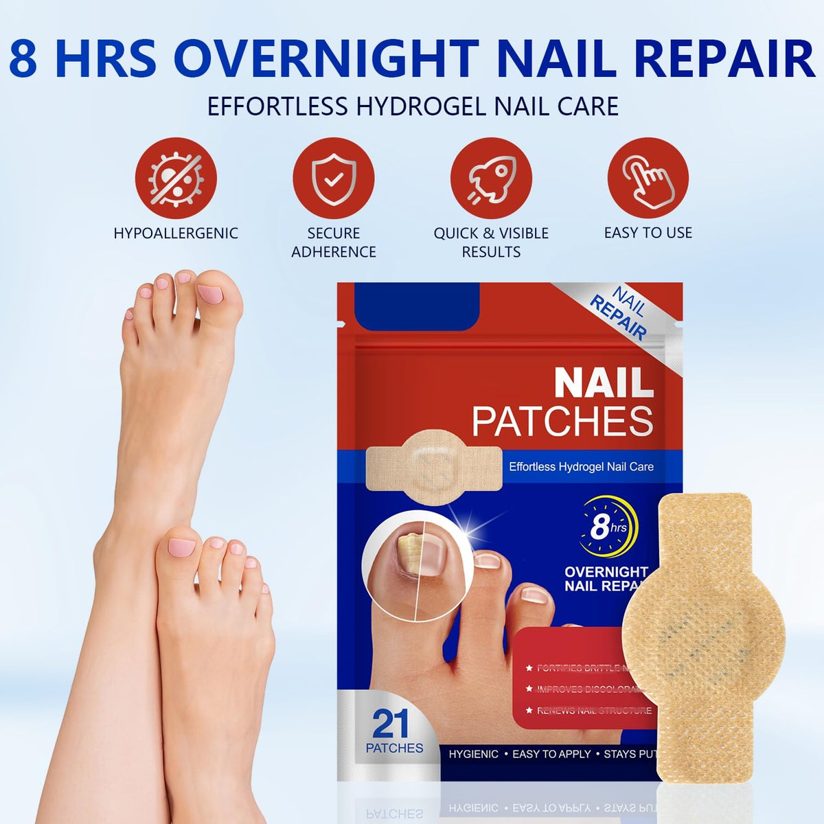 Taakcc night-time patch being applied for convenient at-home toe care.