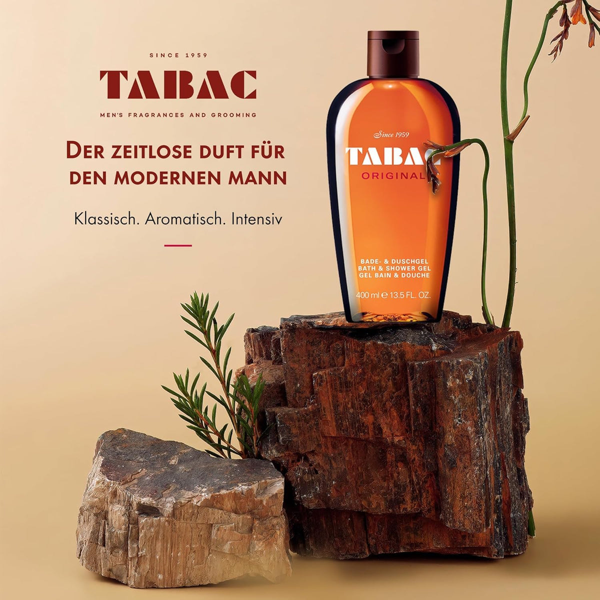 Tabac Original label close-up highlighting lavender and citrus notes for refined grooming.