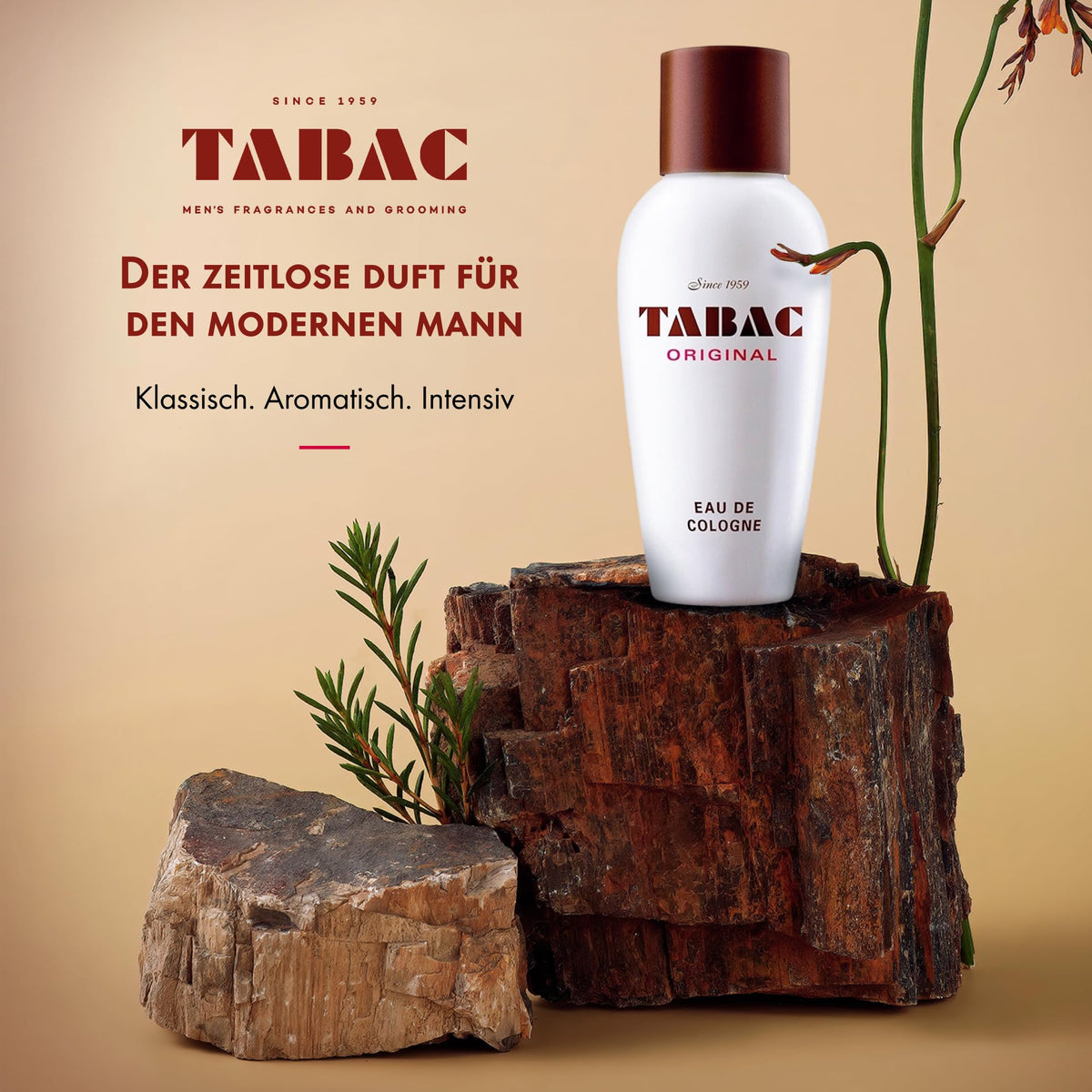Tabac Original bottle side view highlights elegant glass and timeless style.