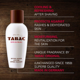 Tabac Original bottle tilted to highlight the sturdy cap and premium finish.