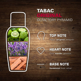 Tabac Original glass bottle and wooden cap detail for a refined look.