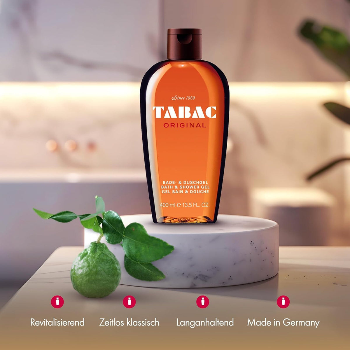 Tabac Original pour-action shot emphasizing rich lather for a refreshing cleanse.