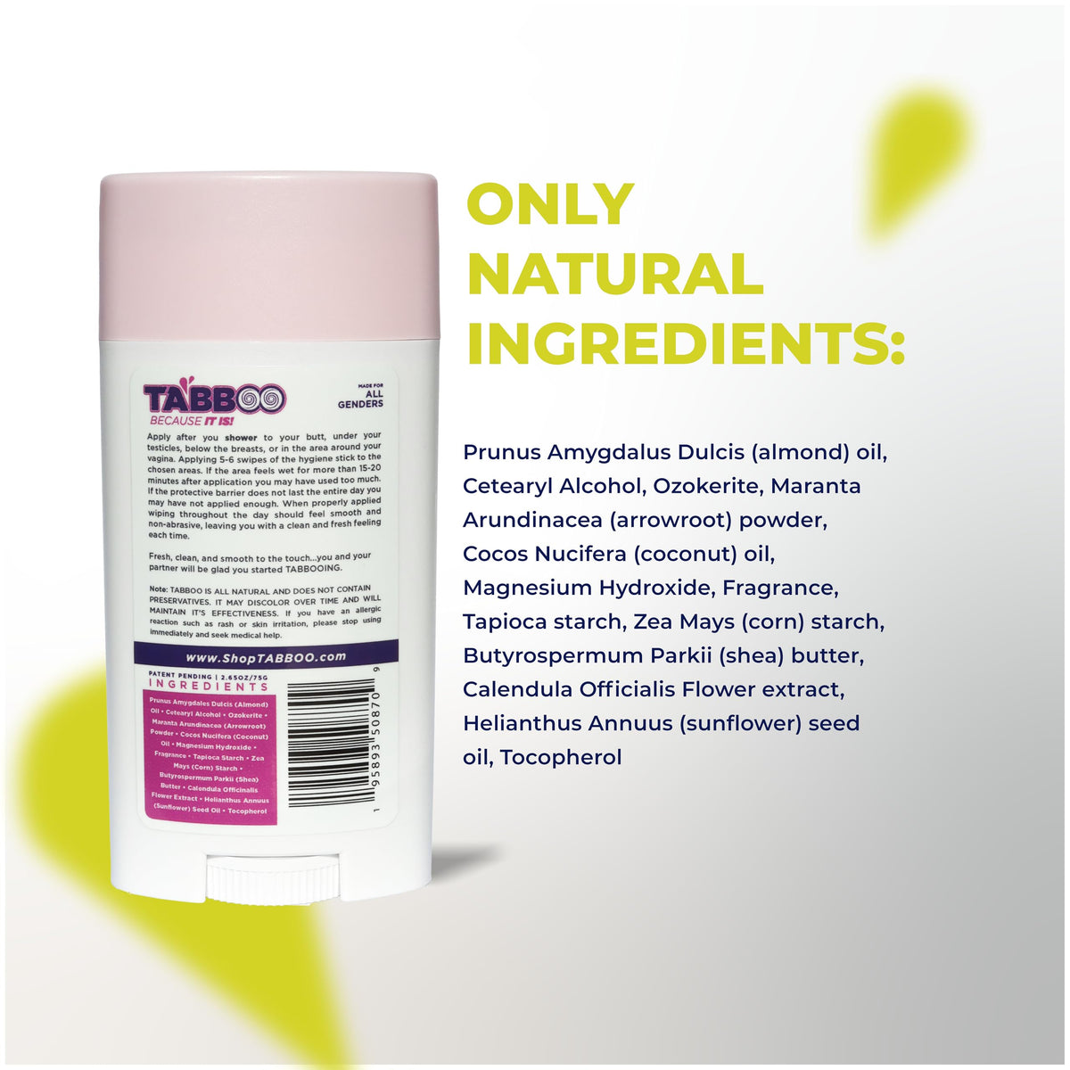 TABBOO Hygiene Stick protects skin and reduces chafing during daily use.