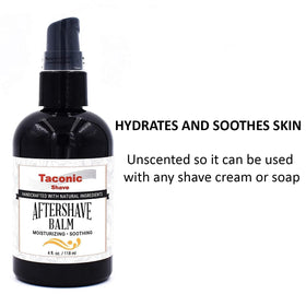 Taconic Shave unscented balm on USA-made packaging emphasizes small-batch quality