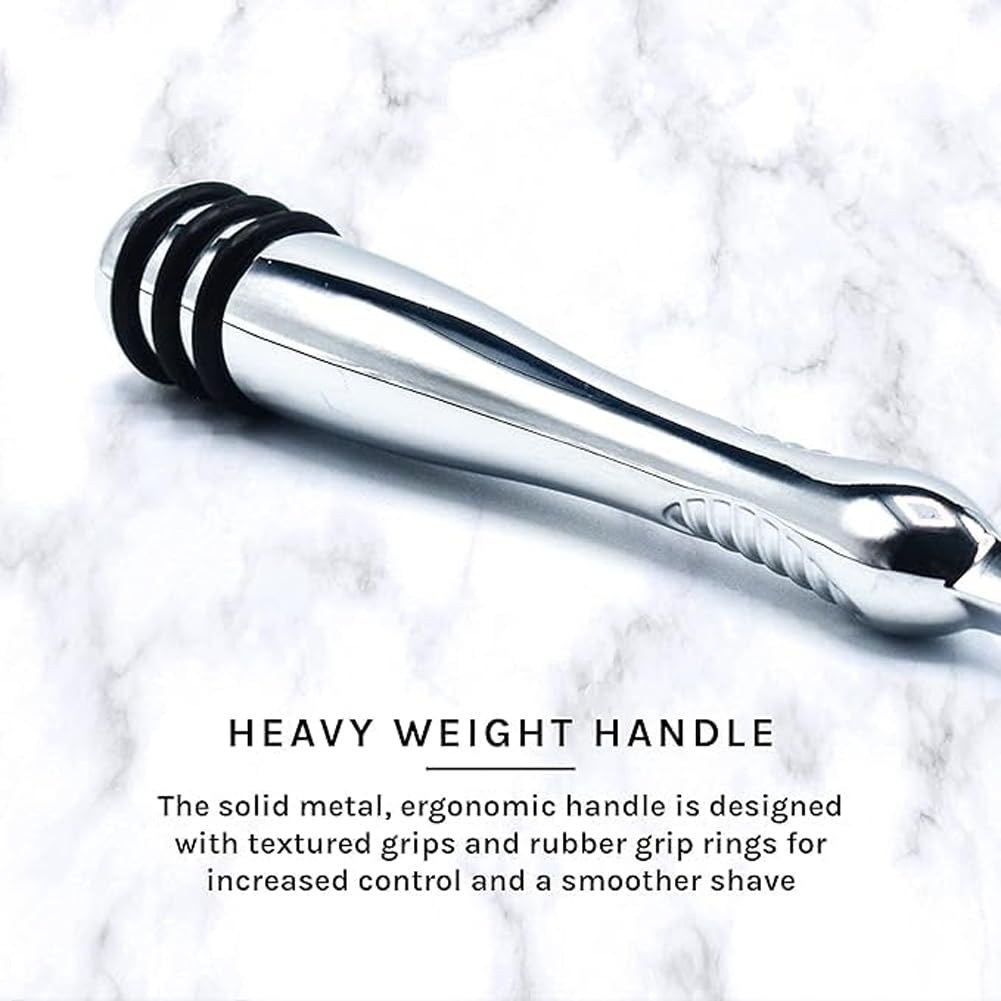 Taconic Shave chrome handle with rubber grip rings for wet hands.
