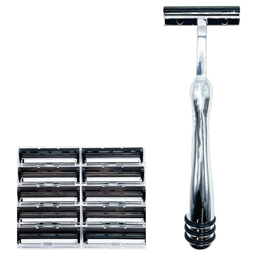Taconic Shave heavyweight razor handle close-up shows chrome finish and a secure grip.