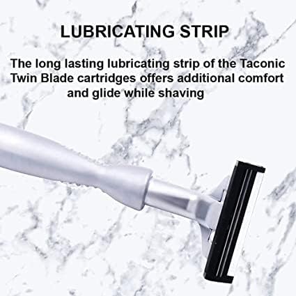 Taconic Shave textured grip closeup highlights secure wet-shave handling.