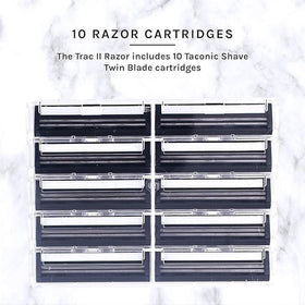 Taconic Shave twin blade cartridges 10-pack ready for quick refills.