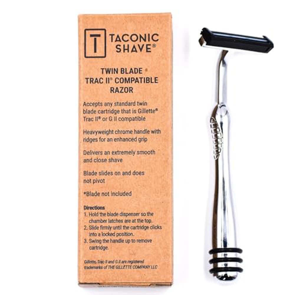 Taconic Shave twin blade cartridges included for immediate replacement.
