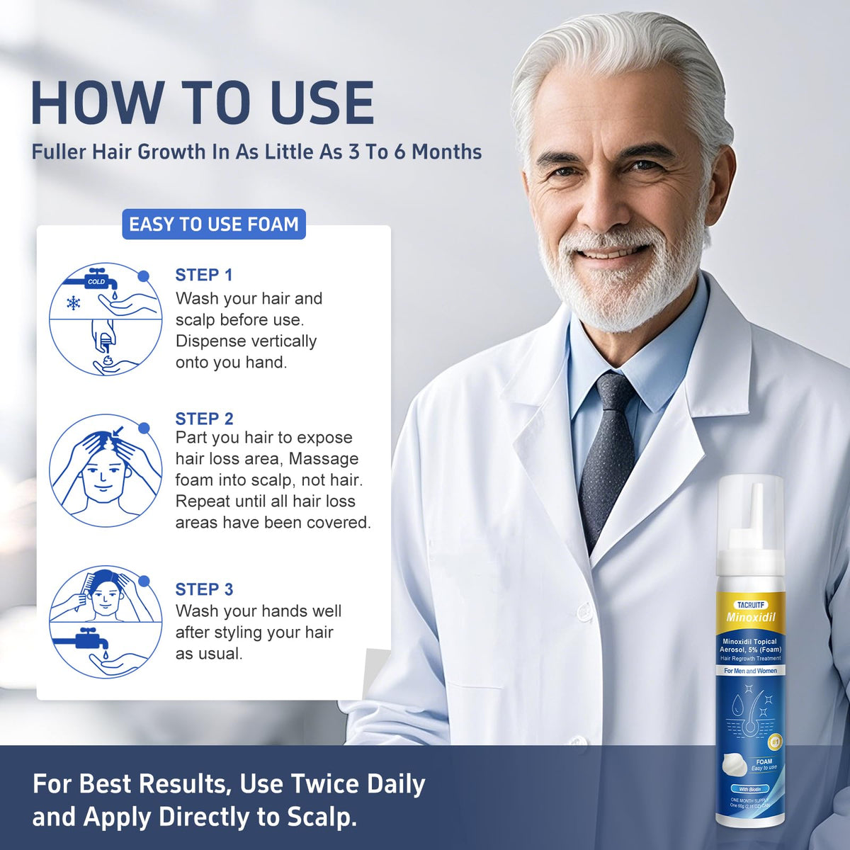 Tacruitf Minoxidil Foam applied to thinning scalp areas for fuller hair.