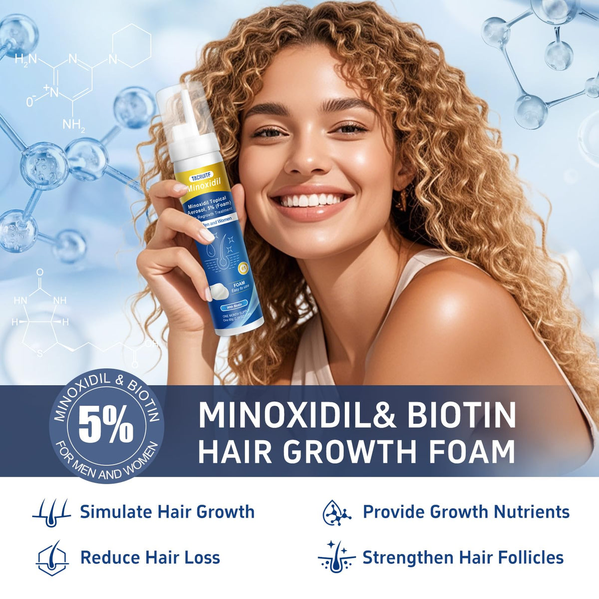 Tacruitf Minoxidil Foam bottle close-up highlighting dosing.