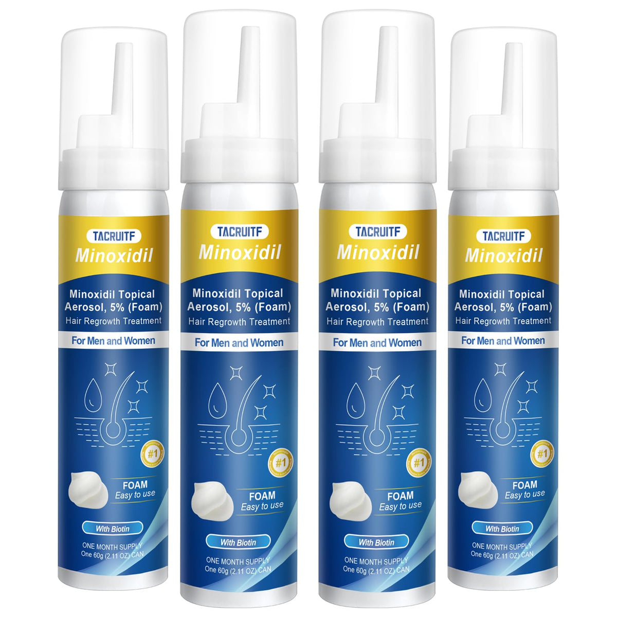 Tacruitf Minoxidil Foam bottle shown for easy twice-daily scalp application