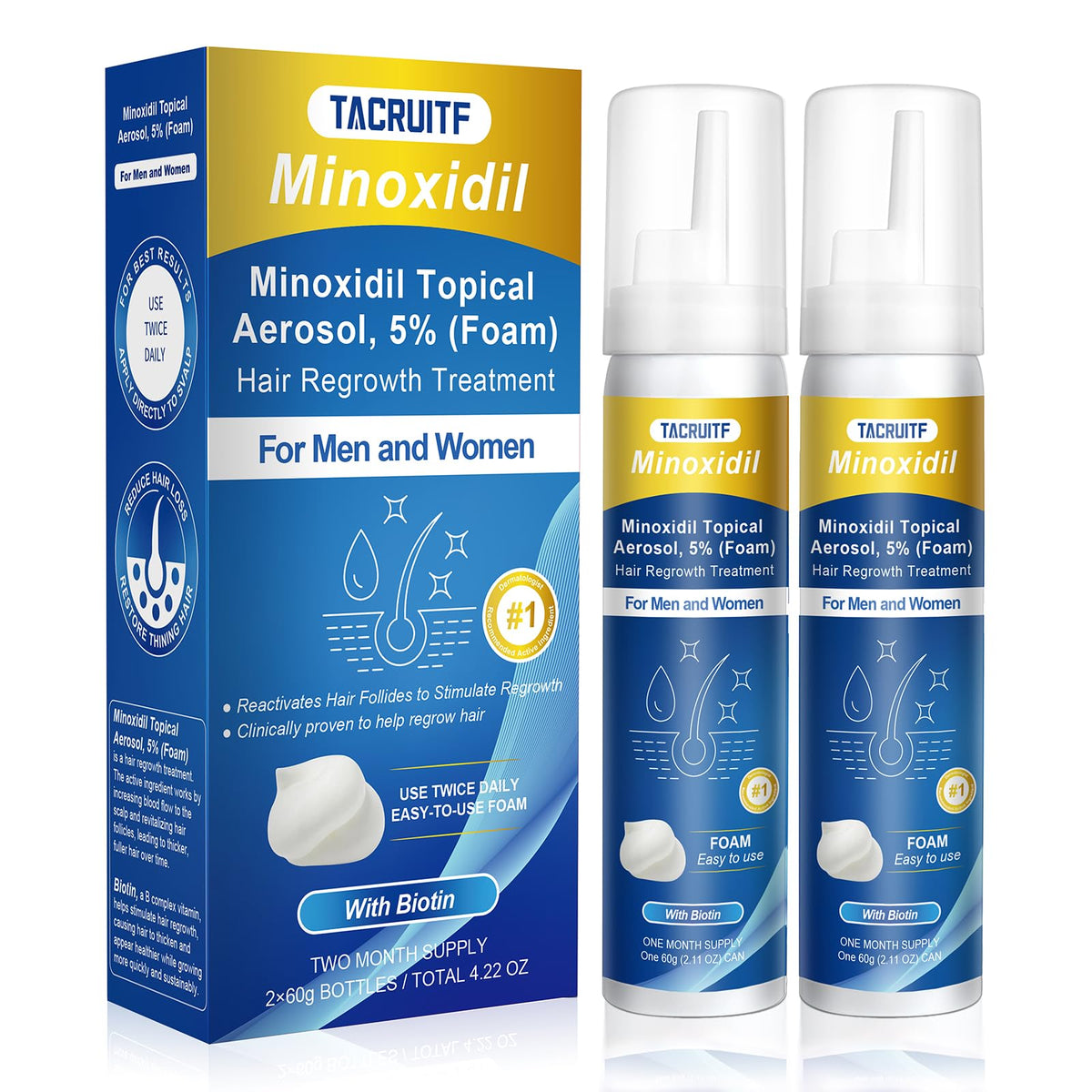 Tacruitf Minoxidil Foam packaging with 4.22 oz bottle for hair growth.