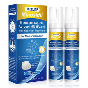 Tacruitf Minoxidil Foam packaging with 4.22 oz bottle for hair growth.