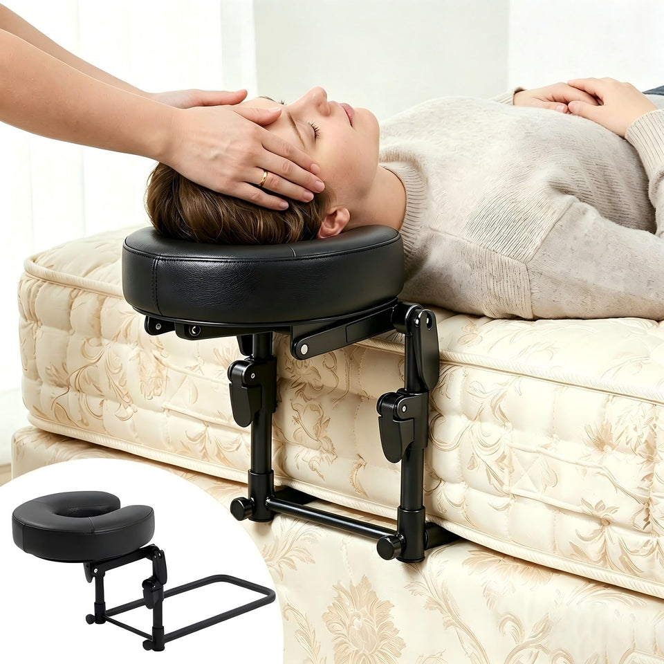 Tademis massage headrest on bed enabling easy home spa setup.