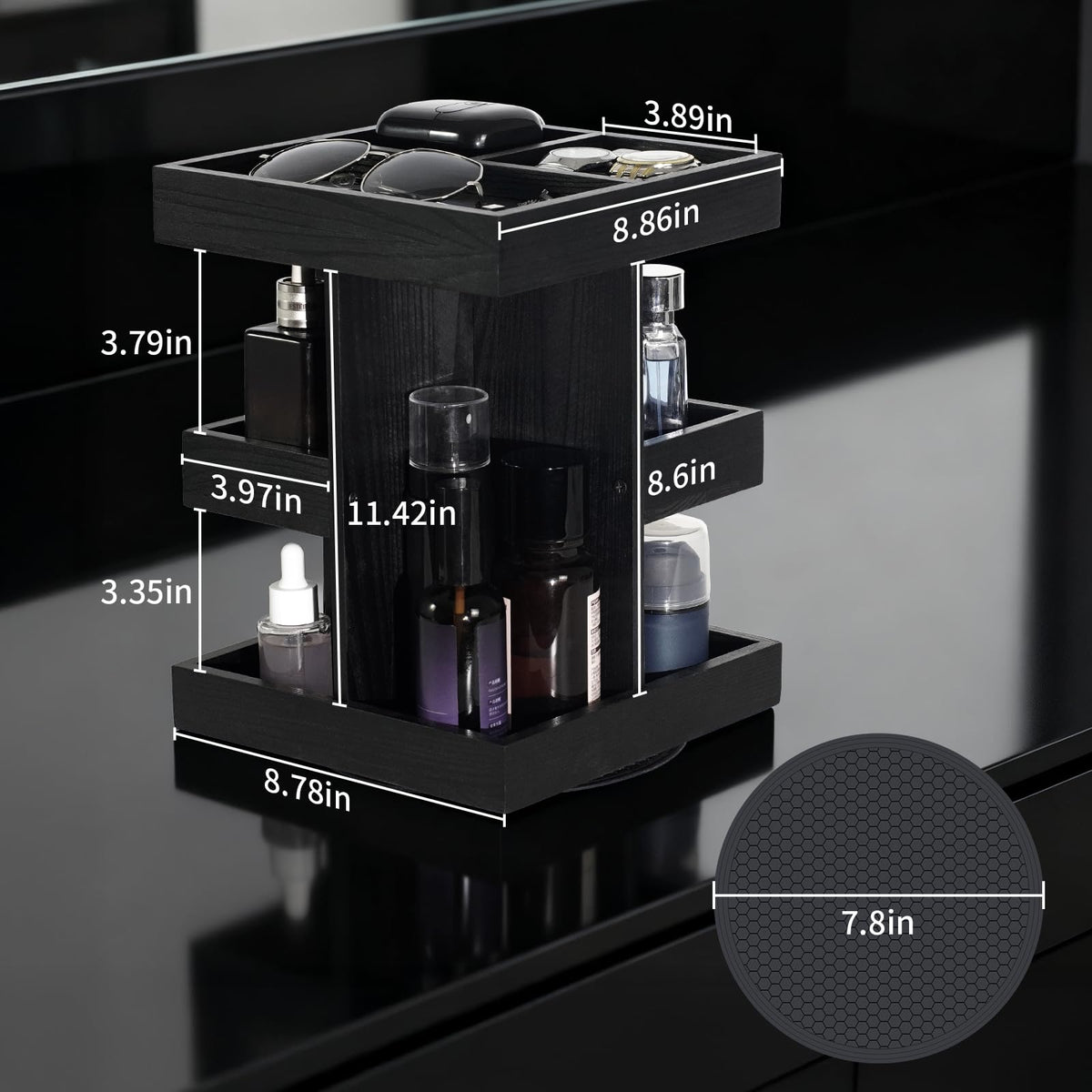 TAdgnba nine-compartment display stores more than one fragrance at a glance.