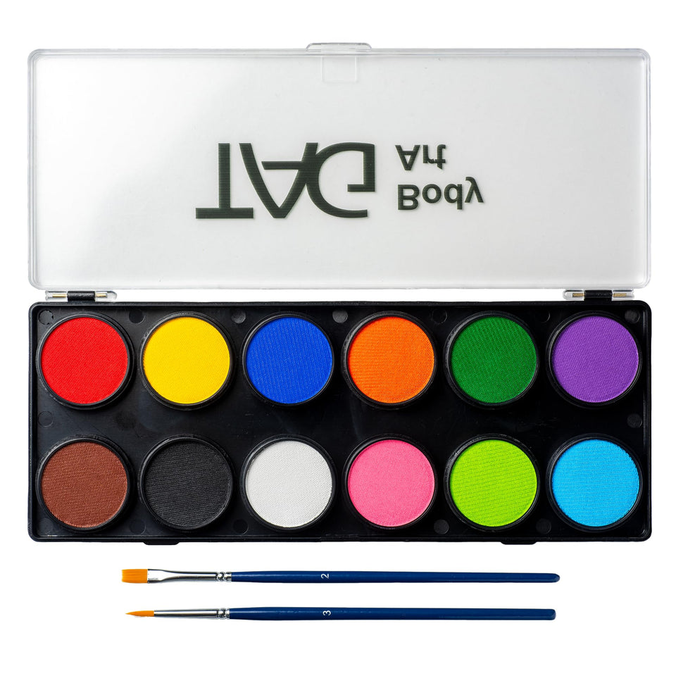 TAG Face Paint 12-color palette close-up shows vibrant, professional-ready colors.