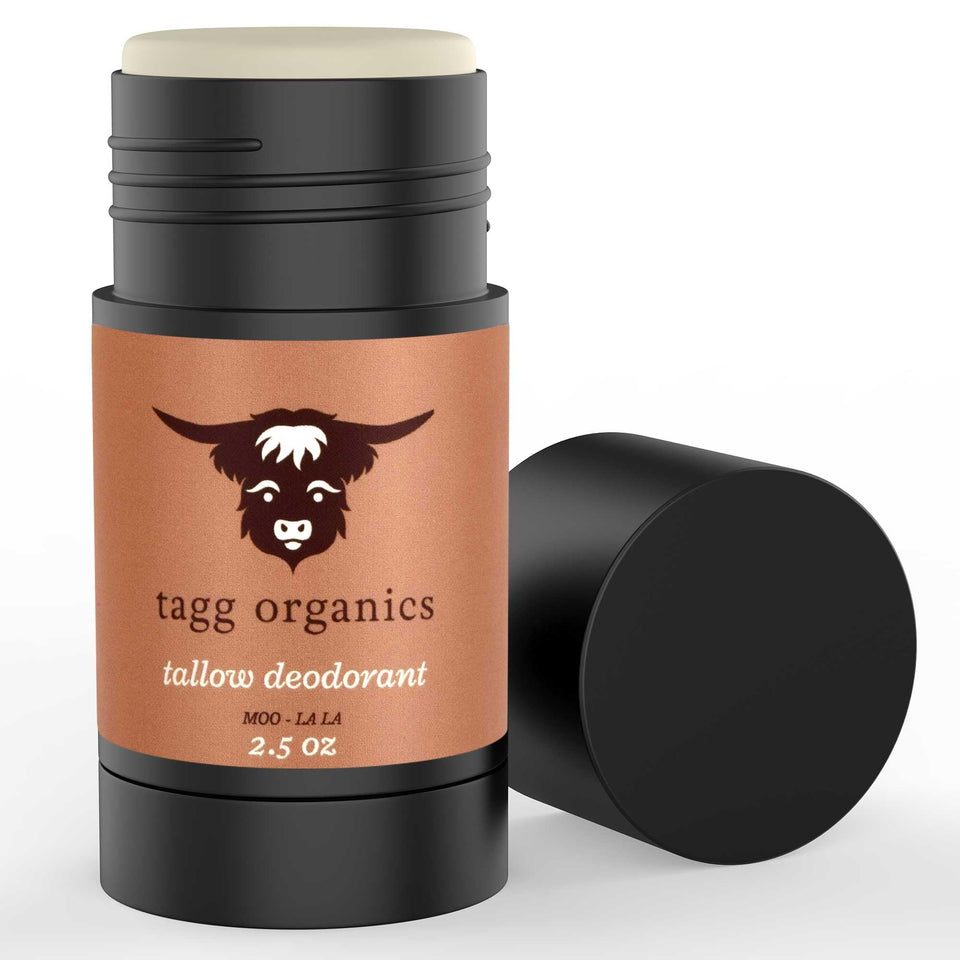 TAGG ORGANICS Purely Organic Deodorant bottle with Moo-La-La citrus-vanilla scent for all-day freshness.