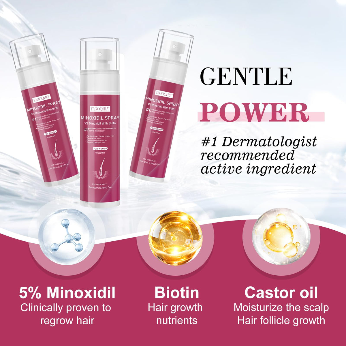 TAGOQHIA Biotin-enriched formula close-up supports scalp follicles for healthier growth.