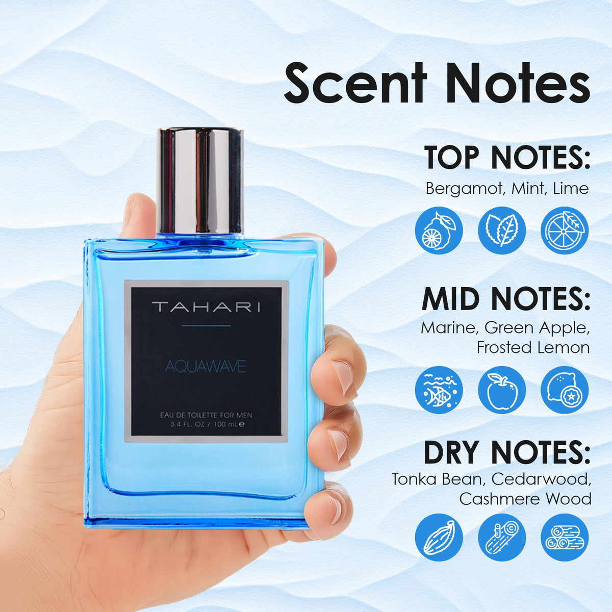 Tahari Aquawave bottle close-up highlights bergamot and freshness