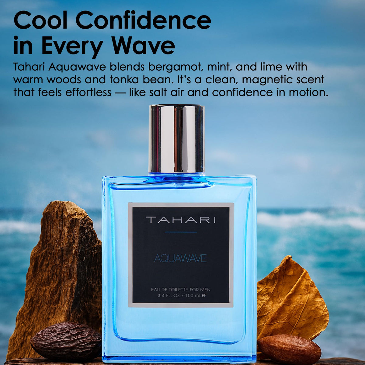 Tahari Aquawave bottle label shows premium brand design